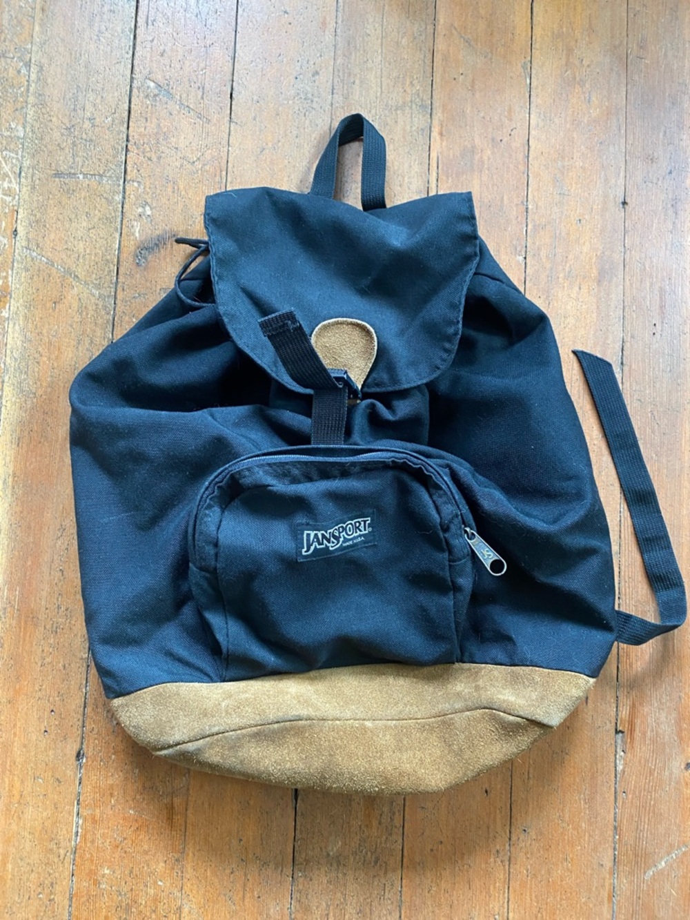 Jansport Black Canvas Backpack with Tan Suede Base